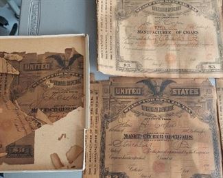 All ephemera in 3 pics is one lot (7) Collector's certificates of registry (4) special tax stamps (2) partial certificates (1) property tax receipt (3) tea checks $500