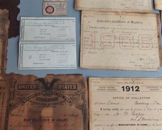 All ephemera in 3 pics is one lot (7) Collector's certificates of registry (4) special tax stamps (2) partial certificates (1) property tax receipt (3) tea checks $500