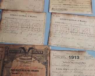 All ephemera in 3 pics is one lot (7) Collector's certificates of registry (4) special tax stamps (2) partial certificates (1) property tax receipt (3) tea checks $500