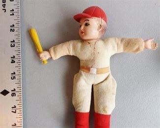 Vintage 1940s Celluloid, Straw Stuffed 7-1/2" BASEBALL PLAYER DOLL Holding Bat
$24