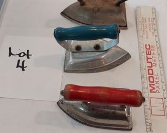 Mini Sad/Child's Iron Lot 4: 3 Piece Colored Handles. 2 Sad irons (blue/red), 1 appears to be child's toy (green).  $35