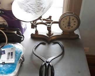 Vintage scale and ice tongs