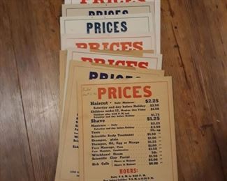 Vintage Barber  Service  prices paper signs