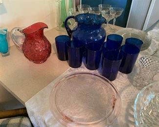 Pink Depression Cake Plate, Fenton Pitcher