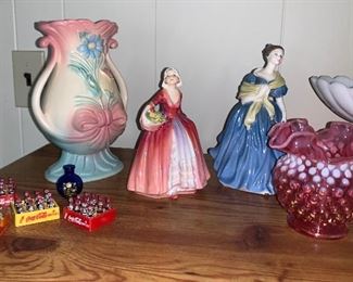 Hull Vase, Pink Hobnail Fenton Vase, Royal Doulton Lady Figurines