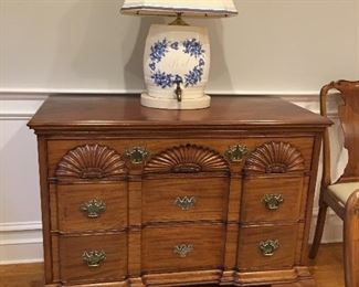 Fan Carved Chest and antique PORT lamp