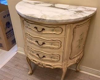 11. French style half moon marble top table. 26”L x 14”D x 30”H. $175
