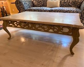 18. Coffee table composite top and iron base 52”L x 30.5”D x 17 3/4”H with matching side table 28.5”L x 25.5”W x 22.5”H.  $195