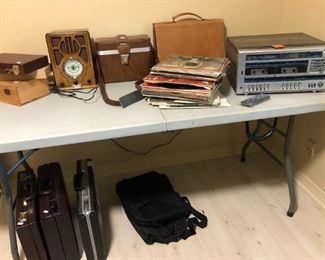 Stereo & Turntable, camera bag, vintage albums