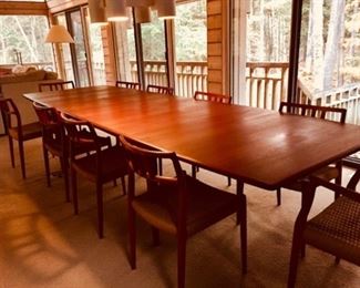 Beautiful Teak Danish Modern MCM Dining Room Table with 10 Woven Cord Seat Chairs