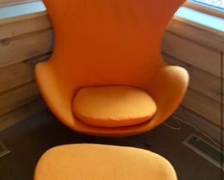 Orange MCM Egg Chair Contour Winged and Matching Ottoman , Arne Jacobsen’s