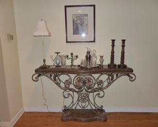 Wood & scrolled metal console table