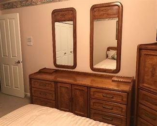 Queen Bedroom 9 piece set includes, 8 drawer dresser, 2 matching mirrors, Armoire with 5 drawers, 2 night stands, Headboard, Simmons Beauty Rest Mattress and box spring, metal bed frame. Complete 9 piece set $ 500.00. Will separate. Purchase complete set and receive the comforter, pillows, and window valance FREE! 