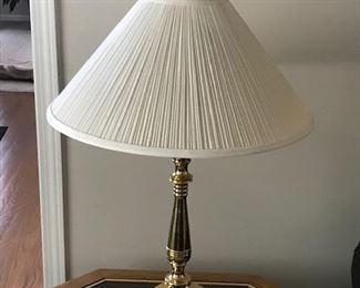 Polished Brass Lamp, 3 legs with white pleated shade   $ 20.00