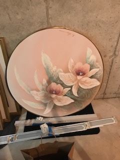 Floral Round Oil Wall Art with gold frame by artist E. Lee (34 inches in diameter) $20