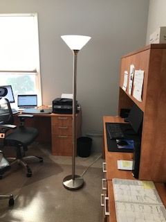 Floor lamp chrome with brushed brass accents and  frosted glass shade $40