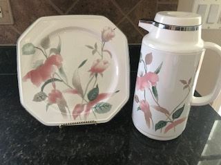 Mikasa Silk Flowers China - 10 complete 5 piece place settings plus matching serving bowls, cream and sugar, butter dish, gravy bowl, tea pot, coffee thermos, 8 napkin holders $50