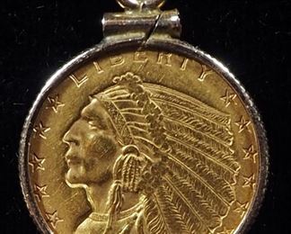 $2.5 Indian Head Quarter Eagle Coin With 14K Gold Necklace, 17" Long, 10K Gold Bordering Coin
