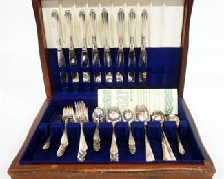 WM Rogers Silver-Plated Flatware Set In Wood Storage Case, Includes Knives, Spoons (Various Sizes) And Forks (Various Sizes), Approx Qty 58 Pieces