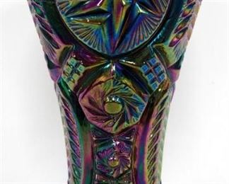 Carnival Glass, Includes Candy Dish With Lid, Pedestalled Candy Dish, And Vase, Total Qty 3