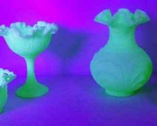Vaseline Glass Collection, Includes Fenton, Candy Dishes And Vases, Total Qty 4