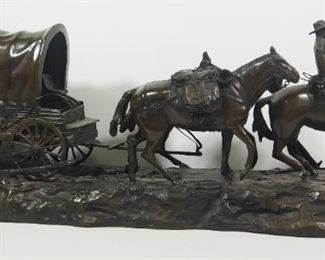 R. Clark Bronze Statue After Charles M. Russell (American, 1864-1926), "Covered Wagon", 13" High x 33.5" Long