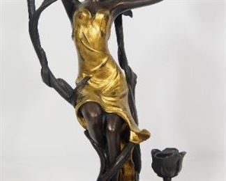Miguel Fernando Lopez (Milo) (Portuguese, 1955 - ), Bronze Statuette Candle Holder Of Girl Holding Lotus', Painted, 15.5" High, Marble Base