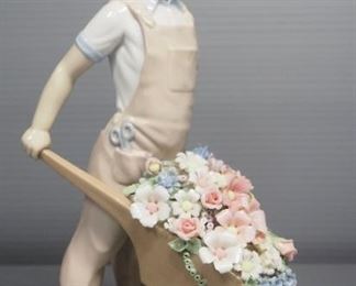 Lladro "Wheelbarrow With Flowers" Porcelain Figurine No. 1283, Sculptor Francisco Catala, 9.5" High