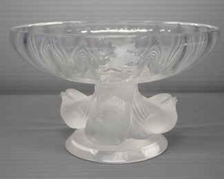 Lalique Crystal Nogent Bowl With Four Frosted Sparrows, 3.5" High x 5.5" Diameter