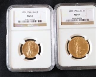 1986 American Eagle United States   1/2 ox $25  and  1/4 oz $10-PCGS graded MS69  Gold Coin 