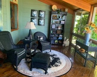 Sunroom filled with black wicker set and gorgeous bookcase 