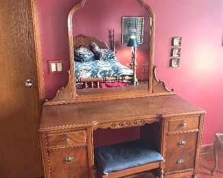 Antique vanity with mirror and bench