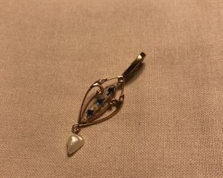 Sapphire and Pearl Fob, 14k setting