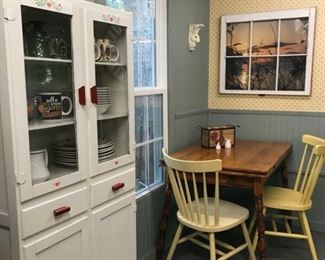 50's era hutch, table with pull out extensions, chairs, dishes