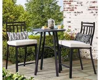 $225 -3 PC Outdoor Bistro Table Set Black with tan cushions powder coated, table has hole for umbrella