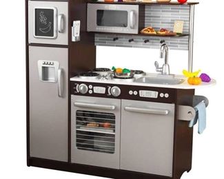 $120 New Play Kitchen Stainless/Espresso KidKraft w/ 30 food accessories. NEW IN BOX 