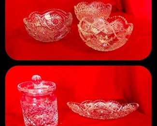 Cut glass bowls and biscuit jar. 2 of these pieces are signed