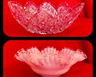 Cut glass bowl
Fenton pink silver crest ruffled edge milk glass bowl. 