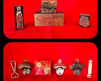Coca Cola printing blocks and vintage bottle openers