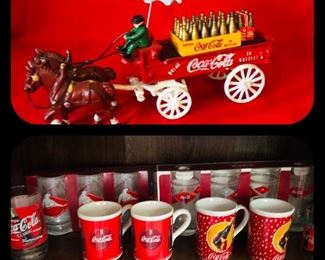 Coca Cola Coke Cast Iron Horse-Drawn Wagon Driver Mini Cases Bottles  
Coke mugs 