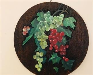 Hand made /carved and painted grape wall decor/ the edges are also decorated with carved hatch marks
