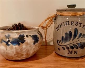 $20.00........Rochester, MN Pottery Jar with Lid and Pottery Bowl, jar 7" tall  (P260)