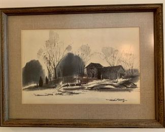 CLEARANCE!  $30.00 now, was $80.00.........Millard Wells Signed Lithograph Watercolor 1966 , 28" x 21" (P169)