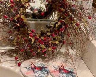 REDUCED!  $7.50 now, was $10.00.......Wreath with bells and Cardinal Coasters (P167)