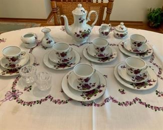 CLEARANCE!  $50.00 now, was $150.00.......German Winterling Bavaria China Dawn Violets Bouquet Dessert Coffee Tea Set with Violet Tablecloth  (P73)