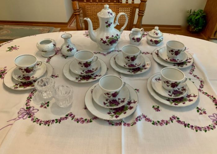 CLEARANCE!  $50.00 now, was $150.00.......German Winterling Bavaria China Dawn Violets Bouquet Dessert Coffee Tea Set with Violet Tablecloth  (P73)