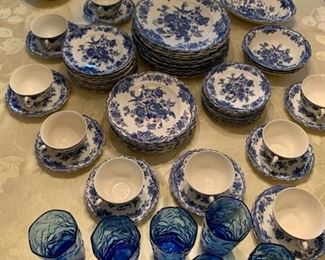CLEARANCE!  $100.00 now, was $300.00........Bristol Crown Ducal England  82 Piece Blue Transferware  Set with 8 Glasses... 5 small chips and few stains (P18)