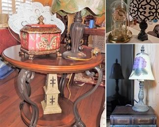 Parlor Lamps. Wood and Iron Furniture.  Anniversary Clock.  Small lamps