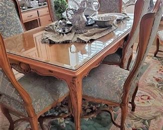 French Dining table with Glass top - 8 wood / upholstered chairs