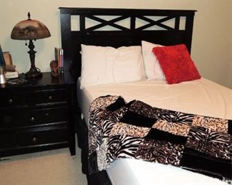 Black wood Full-Queen bedroom suite. Side table, dresser, mirror, desk with hutch and shelf